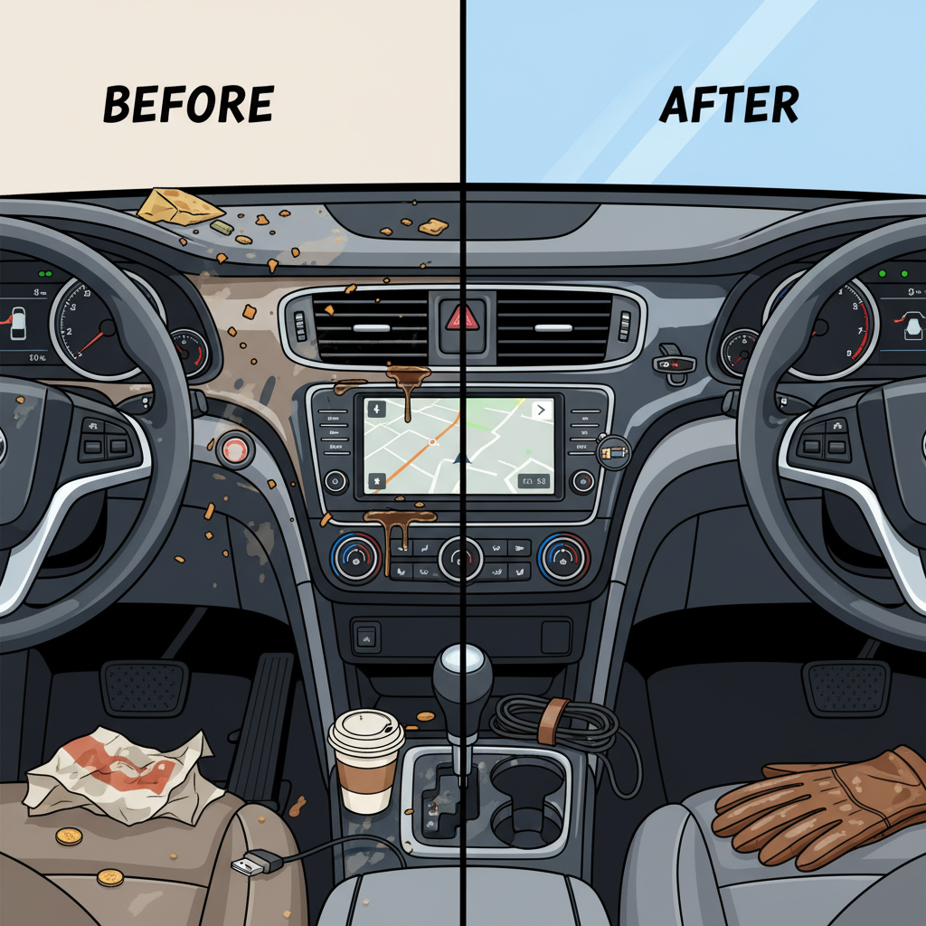 A flat illustration depicting a split view of a car interior. On one side, a dusty, crumb-filled, and fingerprint-smudged dashboard with a few spilled items. On the other side, an identical dashboard, perfectly clean, polished, and organized. Emphasize the stark contrast between 'before' and 'after' to highlight the aesthetic impact of cleaning.