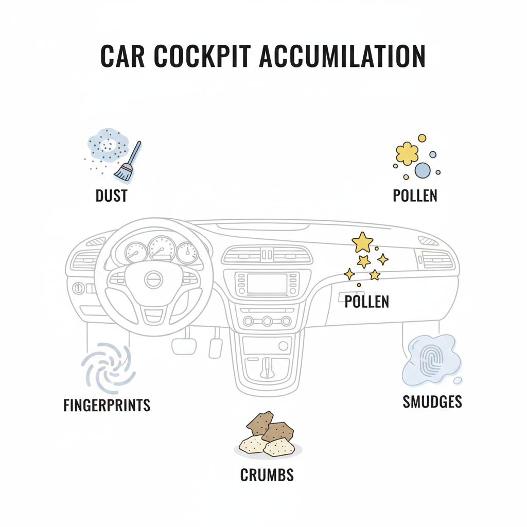 An infographic-style illustration highlighting various types of dirt commonly found in a car cockpit. Represent dust, fingerprints, crumbs, pollen, and smudges with easily recognizable icons or stylized visuals scattered across a generic dashboard outline. Include small labels for each type of dirt to reinforce the article's point about what accumulates.