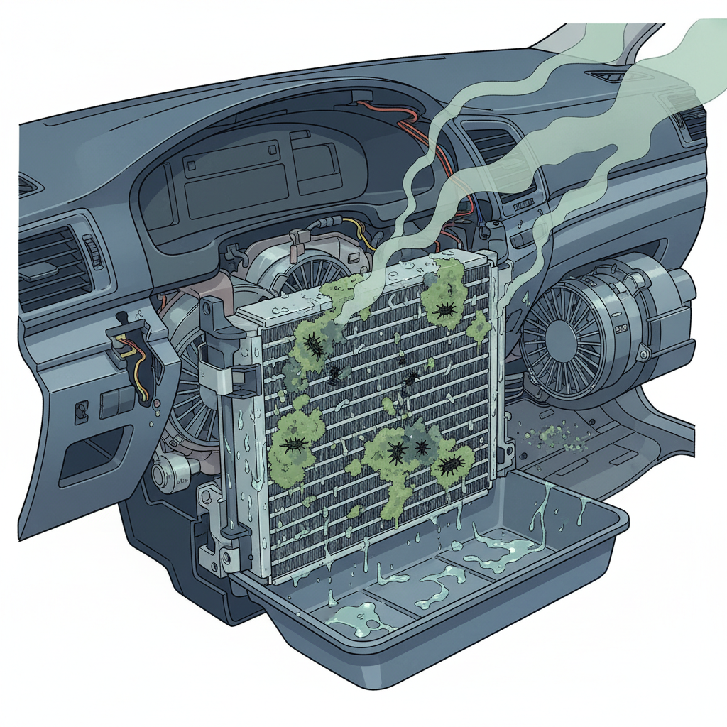 A detailed, cutaway illustration showing the internal components of a car's air conditioning system, specifically focusing on the evaporator coil area behind the dashboard. The evaporator is visibly damp, with stylized green and black mold spores and bacteria growing on its fins and surrounding surfaces. A subtle, wavy, unpleasant grey-green mist emanates from the contaminated areas, symbolizing the musty odor. The overall aesthetic should be clean yet depict the problem clearly. Use a semi-realistic, technical illustration style with some artistic exaggeration for the microorganisms and smell.