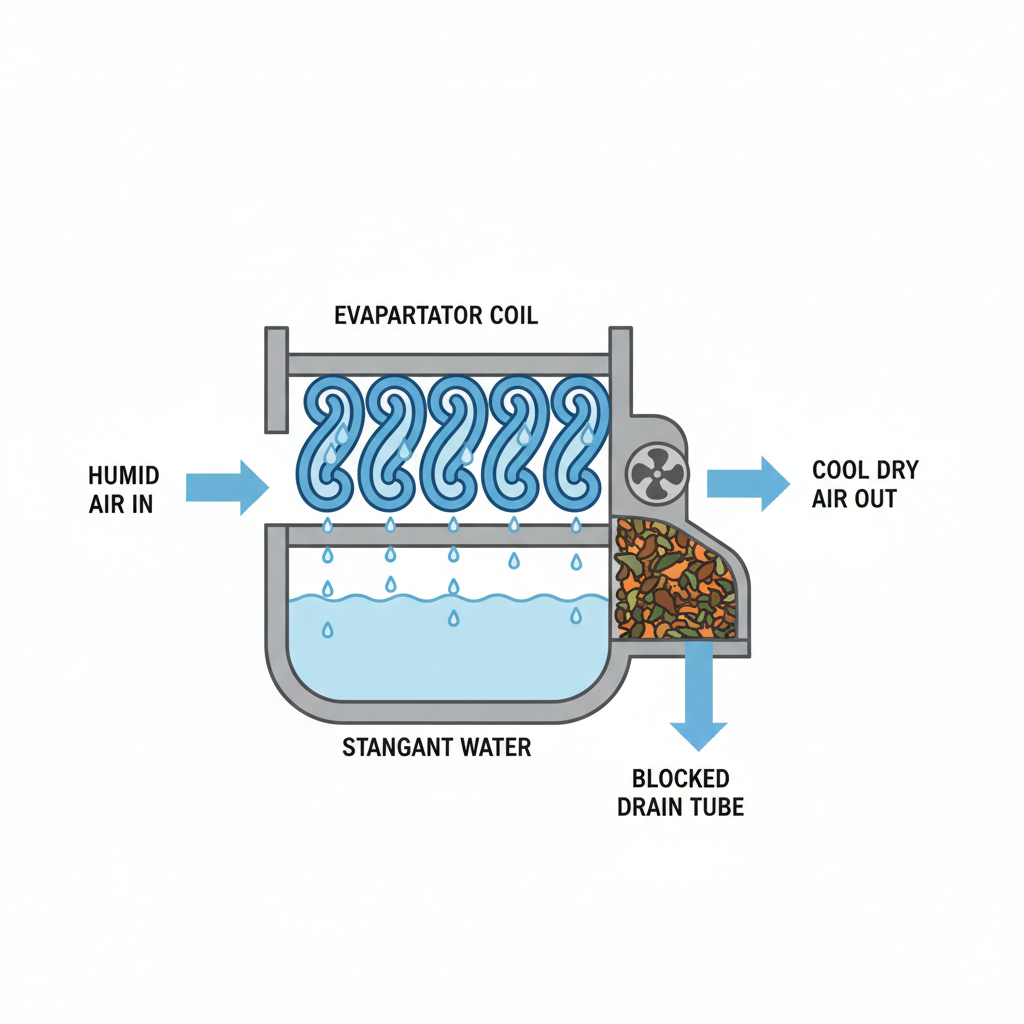 An infographic-style cross-section diagram of a car's AC unit, illustrating the process of condensation and a blocked drainage. Show humid air entering, passing over a blue, cold evaporator coil where water droplets are actively forming. The condensed water is pooling at the bottom, unable to drain due to a visibly clogged drain tube indicated by leaves and debris. Emphasize the collection of stagnant water. The diagram should be clear, minimalist, and use cool colors for the AC components and warmer, muddled tones for the blockage.