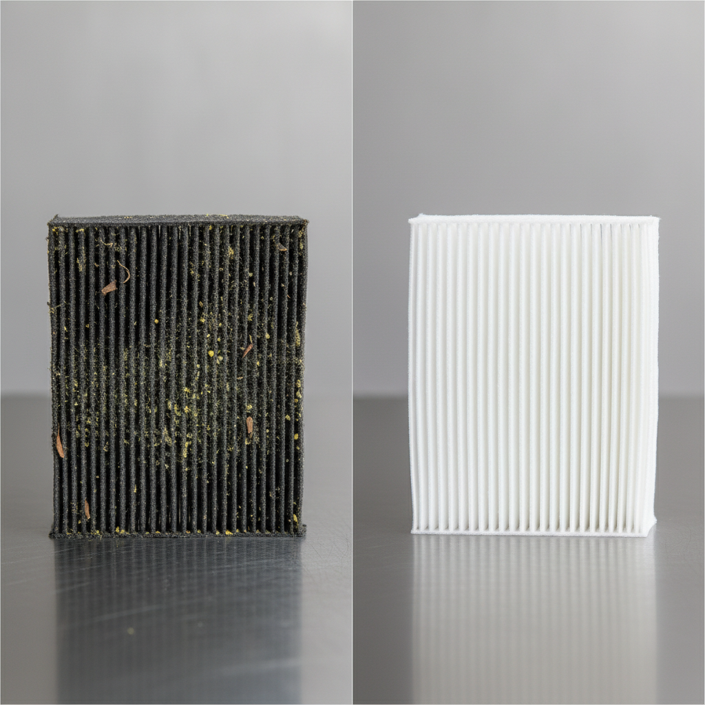 A side-by-side comparison image of two car cabin air filters. On the left, a heavily soiled, dark grey, and visibly clogged filter, matted with dust, pollen, and small leaf particles, suggesting a breeding ground for microorganisms. On the right, a pristine, white, and clean new cabin air filter, looking ready for installation. The background should be neutral and professional, highlighting the contrast between old and new, dirty and clean. Use a professional photo style with sharp focus.