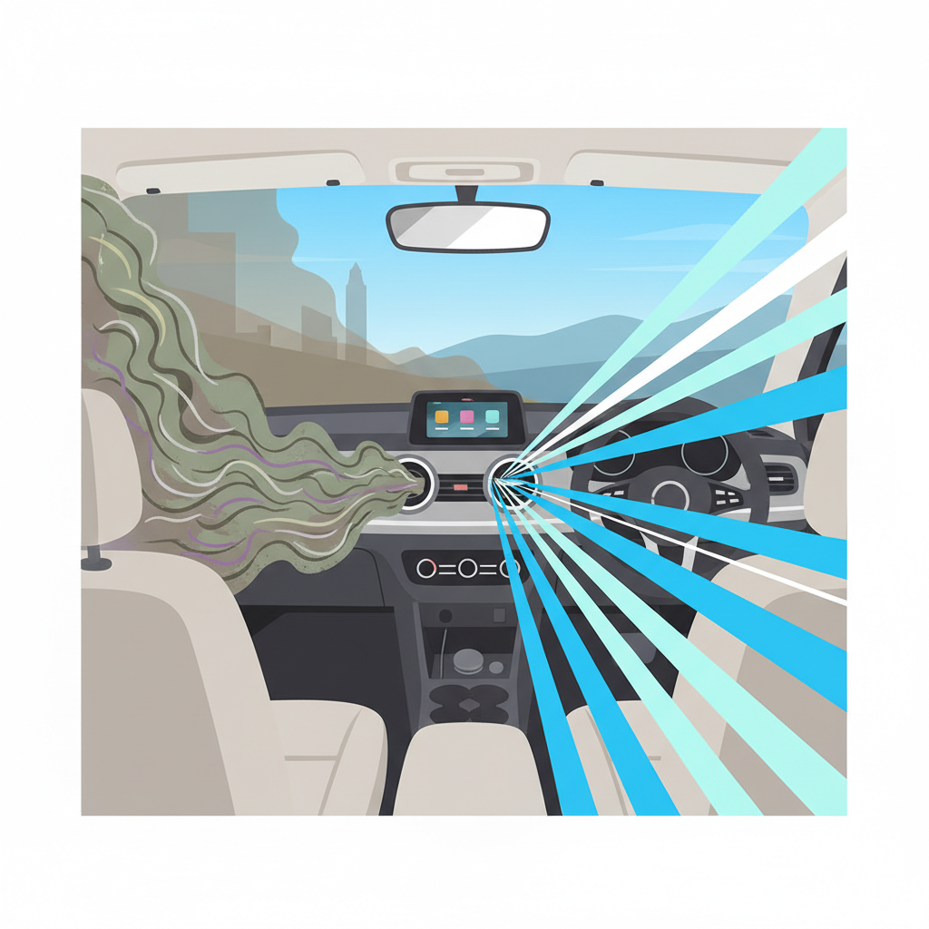 A conceptual flat illustration depicting the interior of a car with two contrasting airflows from the dashboard vents. From one vent, a stylized cloud of dark, unpleasant, wavy 'odor' lines in muted green and brown tones drifts into the cabin, conveying a musty smell. From the other vent, bright, refreshing, stylized blue and white 'fresh air' lines radiate outwards, representing clean air. The focus is on the visual distinction between bad and good air quality in a vehicle.