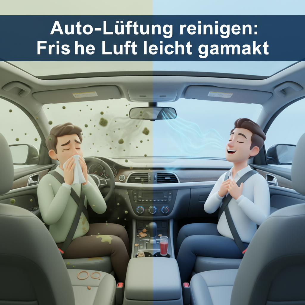 A split illustration showing two contrasting car interiors. On one side, a car interior filled with visible dust particles, unpleasant green-brown mold spores emanating from the air vents, and a person looking uncomfortable, perhaps sneezing. On the other side, the same car interior but clean, with crisp, clean air depicted as subtle blue wisps flowing from the vents, and a person smiling and breathing deeply. The overall style should be a modern, clean 3D illustration with a slight infographic feel to clearly differentiate the states.