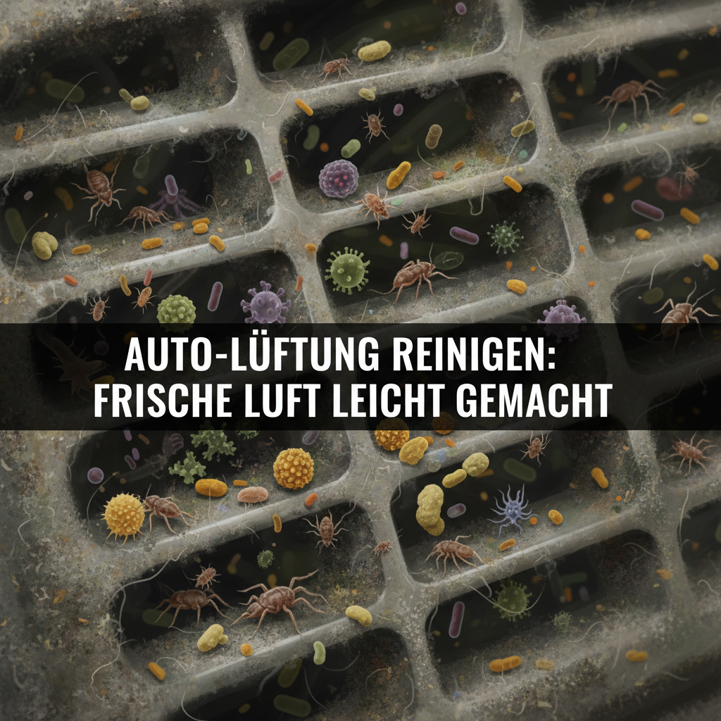 A close-up, macro-style illustration of a dirty car air vent grill. Within the grates, visualize microscopic elements like dust mites, pollen grains, visible dark mold spots, and conceptual stylized bacteria/viruses. The background should be slightly blurred to focus on the vent, possibly with a subtle hint of green/brown grime. Use a realistic yet slightly stylized digital painting or 3D render, emphasizing the hidden health hazards that lurk in a neglected ventilation system.