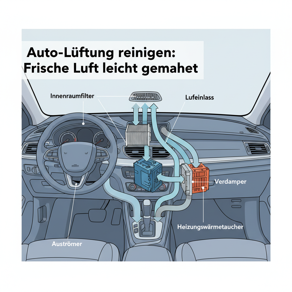 An X-ray or cutaway diagram of the front interior of a car, specifically highlighting the ventilation system. Show the air intake, ducts, evaporator, heater core, and the cabin air filter (Innenraumfilter) with clear labels in German. Illustrate the airflow path with subtle arrows, depicting how external air enters, passes through filters and various components, and then exits through the dashboard vents. The style should be a crisp, clean technical illustration with clear lines and a modern, slightly simplified aesthetic, suitable for an educational blog post.