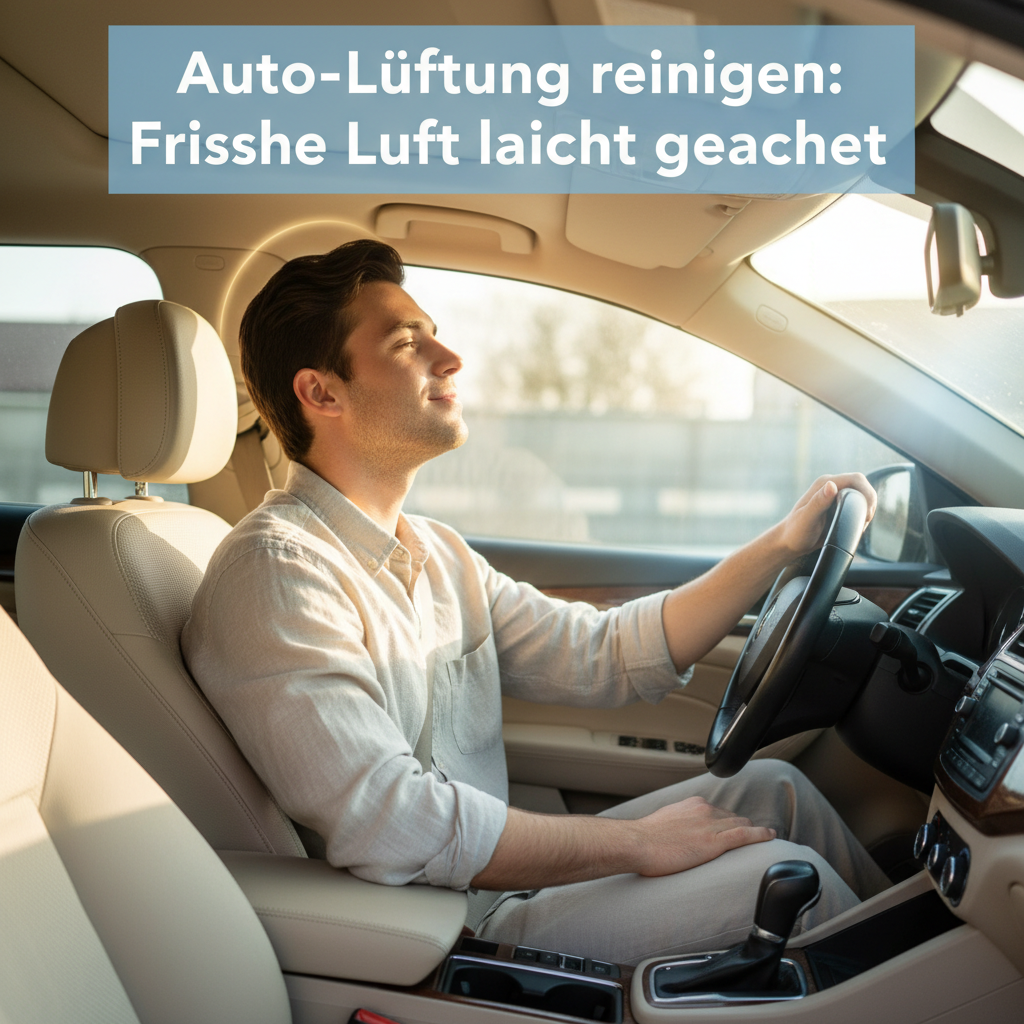 A professional photo featuring a driver, possibly a young adult or parent, with a serene and happy expression, taking a deep, refreshing breath inside a well-maintained car. Sunlight gently streams through the window, illuminating a clean, inviting car interior. Subtle visual cues, such as a soft, clean glow emanating from the air vents or a metaphorical light halo around the driver, enhance the feeling of fresh air and well-being. The focus is on comfort and purity.