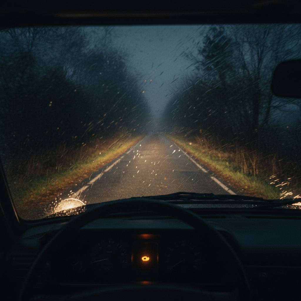 A professional photo depicting a night driving scene from the driver's perspective. The car's headlights emit a dim, yellowish, and diffused light, struggling to illuminate a rainy, poorly lit country road. Emphasize the limited visibility of road markings and the overall sense of unease. The windshield shows streaks of rain, further obscuring the view. This image effectively captures the 'before' scenario described in the article's introduction.