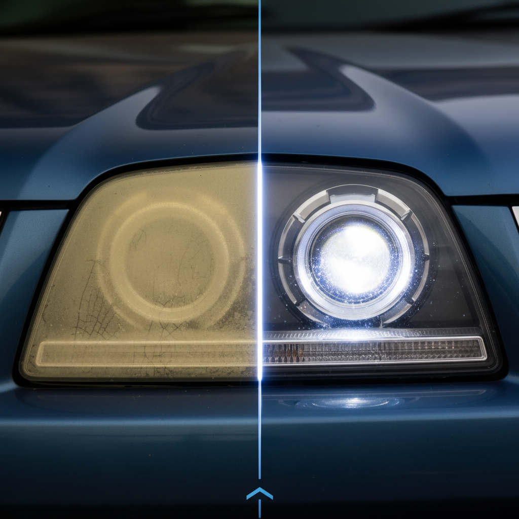 A close-up, high-quality photograph of a car's headlamp with half of its surface clearly yellowed and cloudy, and the other half sparkling clean and clear. A subtle, bright line or arrow could visually divide the 'before' and 'after' states. Focus on the contrast in transparency and color, highlighting the negative impact of oxidation on light output. The clean side should show the intricate details of the headlamp lens clearly.