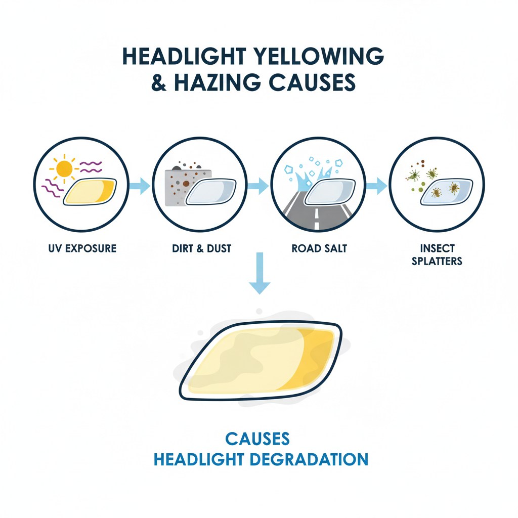 A simplified, clear infographic illustration detailing the causes of headlight yellowing and hazing. Use distinct icons or small illustrations for each factor: a bright sun with prominent UV rays hitting a clear headlight turning it yellow, dirt/dust particles accumulating on a surface, a splash of road salt, and insect splatters. The overall style should be clean, modern, and easy to understand with minimal text, suitable for a blog post.
