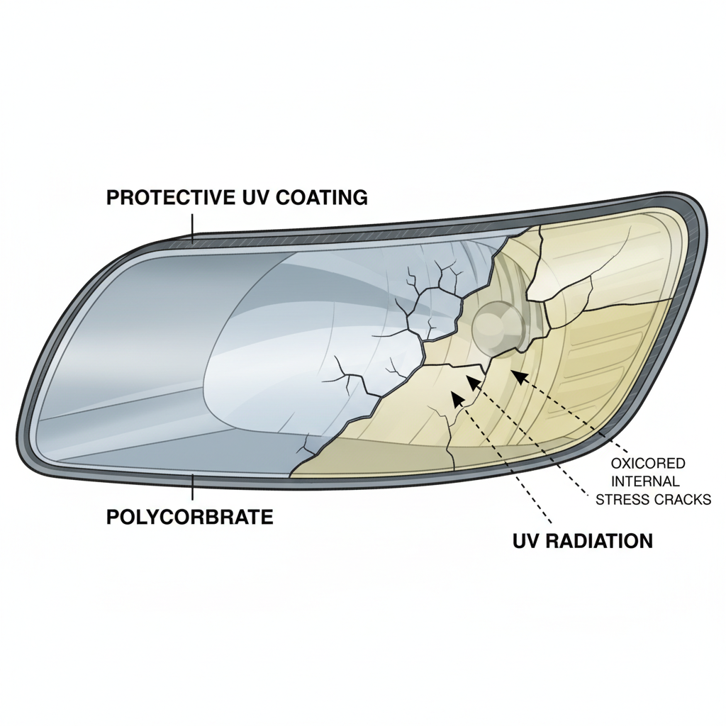 A detailed illustration or diagram showing a cross-section of a car headlight lens made of polycarbonate. Label different layers: the 'protective UV coating' on the outermost layer, and the 'polycarbonate' material underneath. Show progressive damage to the UV coating by illustrating cracks and flaking, with arrows indicating UV radiation penetrating and causing the polycarbonate to appear oxidized and yellowed. Use a somewhat scientific, precise drawing style.