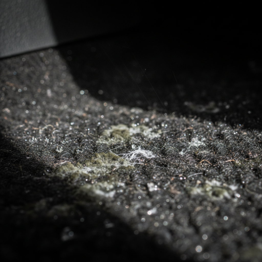 A close-up, slightly unsettling view of a car interior's dark, damp carpet or seat fabric. Subtle visual cues of moisture and mildew are present – perhaps tiny, barely visible green or grey patches indicating mold growth, or condensation droplets on a hidden surface. The light source should emphasize the dampness and obscurity. Macro photography style, slightly desaturated colors with a focus on textures, illustrating the hidden, microscopic problem that causes a musty smell.