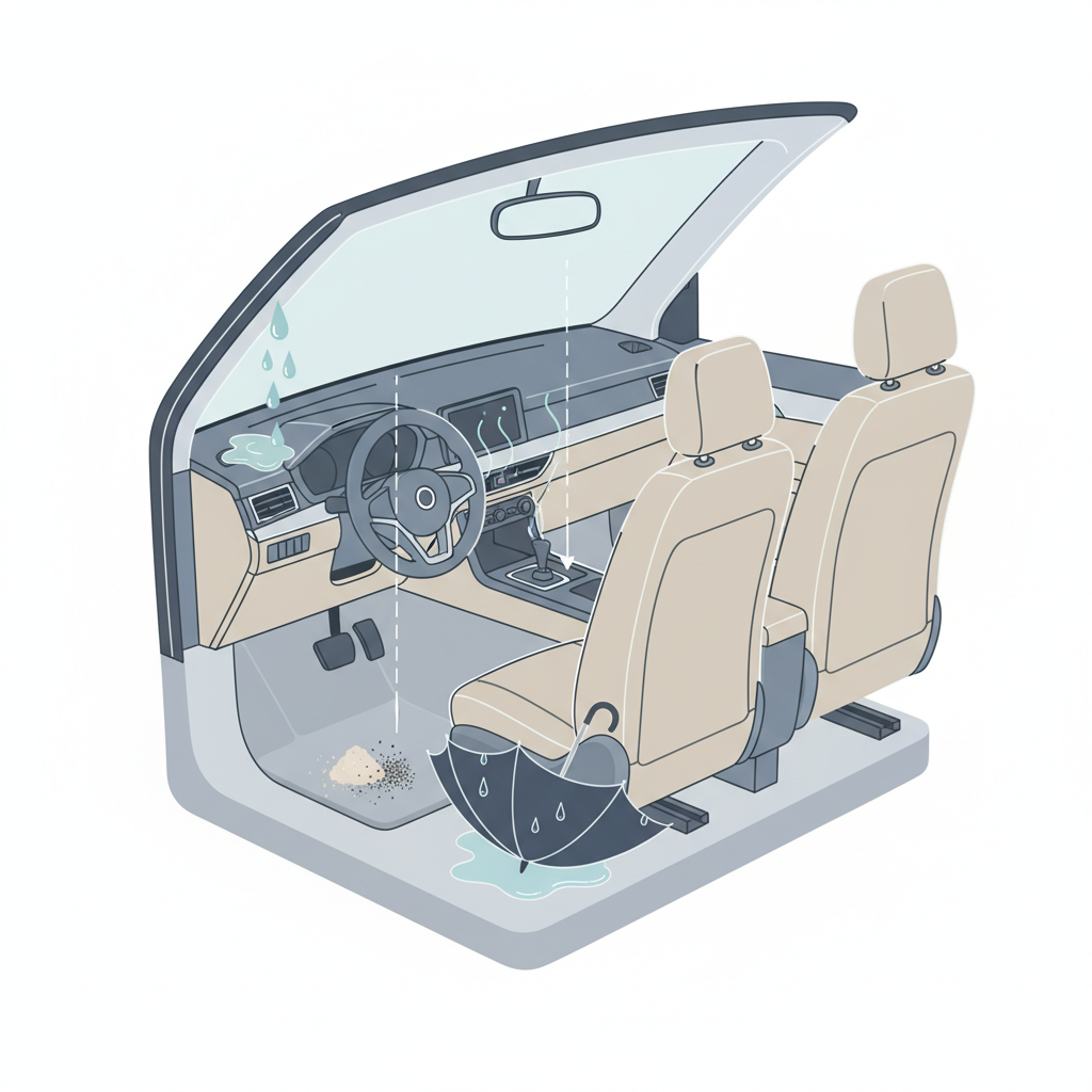 A clean, modern flat illustration depicting a cutaway or exploded view of a car interior, highlighting various common sources of moisture and odors. Visual elements include a leaking window seal with water droplets, a subtle representation of condensation inside an AC vent, a forgotten wet umbrella tucked near a seat, and a small pile of dust and pet hair on the floor mat. Each element is distinctly but subtly represented with a limited color palette.