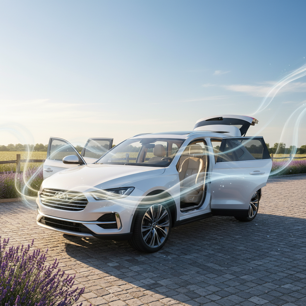 A bright, sunny outdoor setting. A car is parked with all its doors and windows wide open, creating a strong sense of air circulation. Sunlight streams into the interior, illuminating the freshness. A subtle, swirling light-blue or white visual cue (without text) represents fresh air moving through the vehicle. The focus is on openness and aeration. High-quality, professional photo with warm lighting, conveying a feeling of freshness and cleanliness.