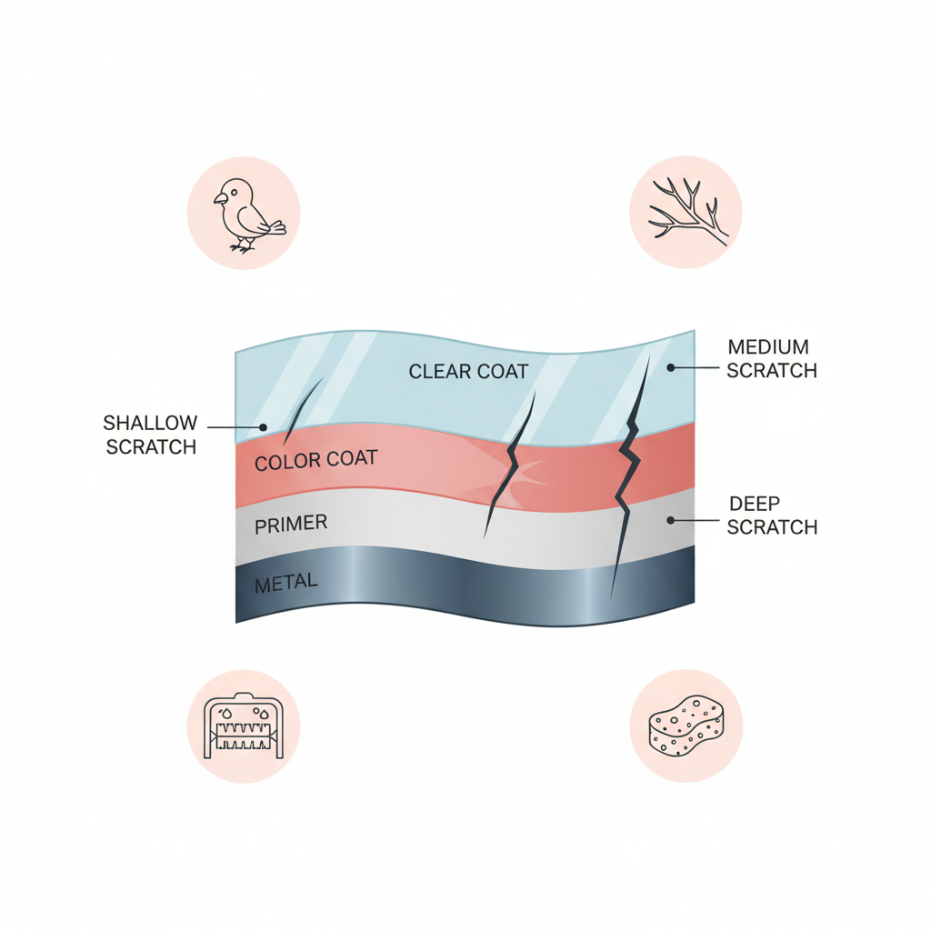 A detailed infographic illustration showing a cross-section of a car's paint layers (clear coat, color coat, primer, metal). Three distinct scratch examples should be depicted on this cross-section: a shallow scratch affecting only the clear coat, a medium scratch reaching the color coat, and a deep scratch penetrating to the primer or metal. Around this central diagram, small, stylized icons illustrate common causes of scratches: a bird, a tree branch, a car wash brush, and a rough sponge. The overall style should be clean, informative, and visually appealing for a blog, using a soft color palette.