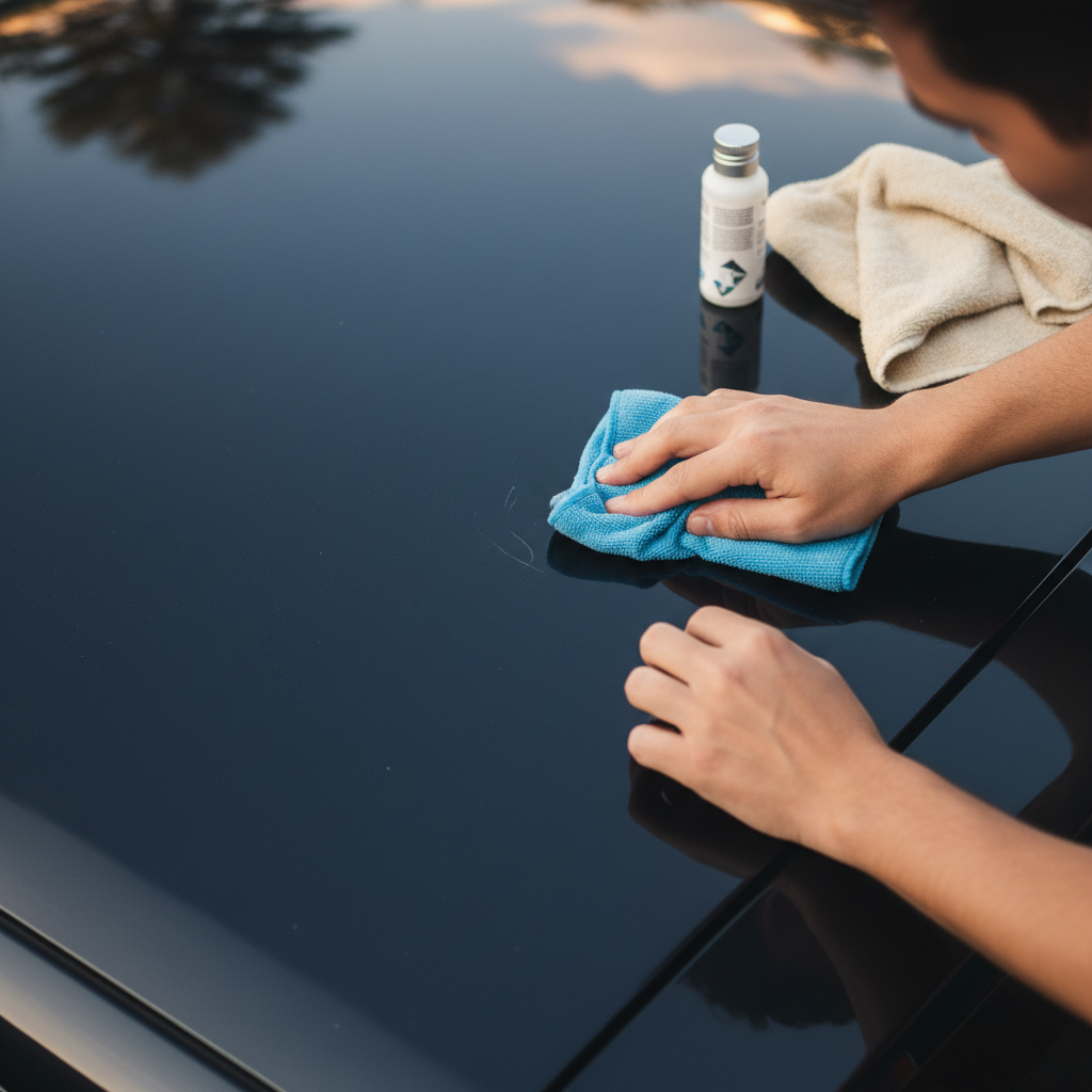 A professional, high-angle close-up photograph of a person's hands meticulously working on a car roof to remove a scratch. One hand holds a microfibre cloth, gently buffing a small area of the car's dark metallic roof. Nearby, a small bottle of car polish or a scratch remover cream is visible, along with another clean cloth. The focus is on the precision and care involved in the scratch removal process, highlighting the glossy finish of the repaired area next to a subtly visible, fading scratch. The lighting should be soft, emphasizing the car's surface.