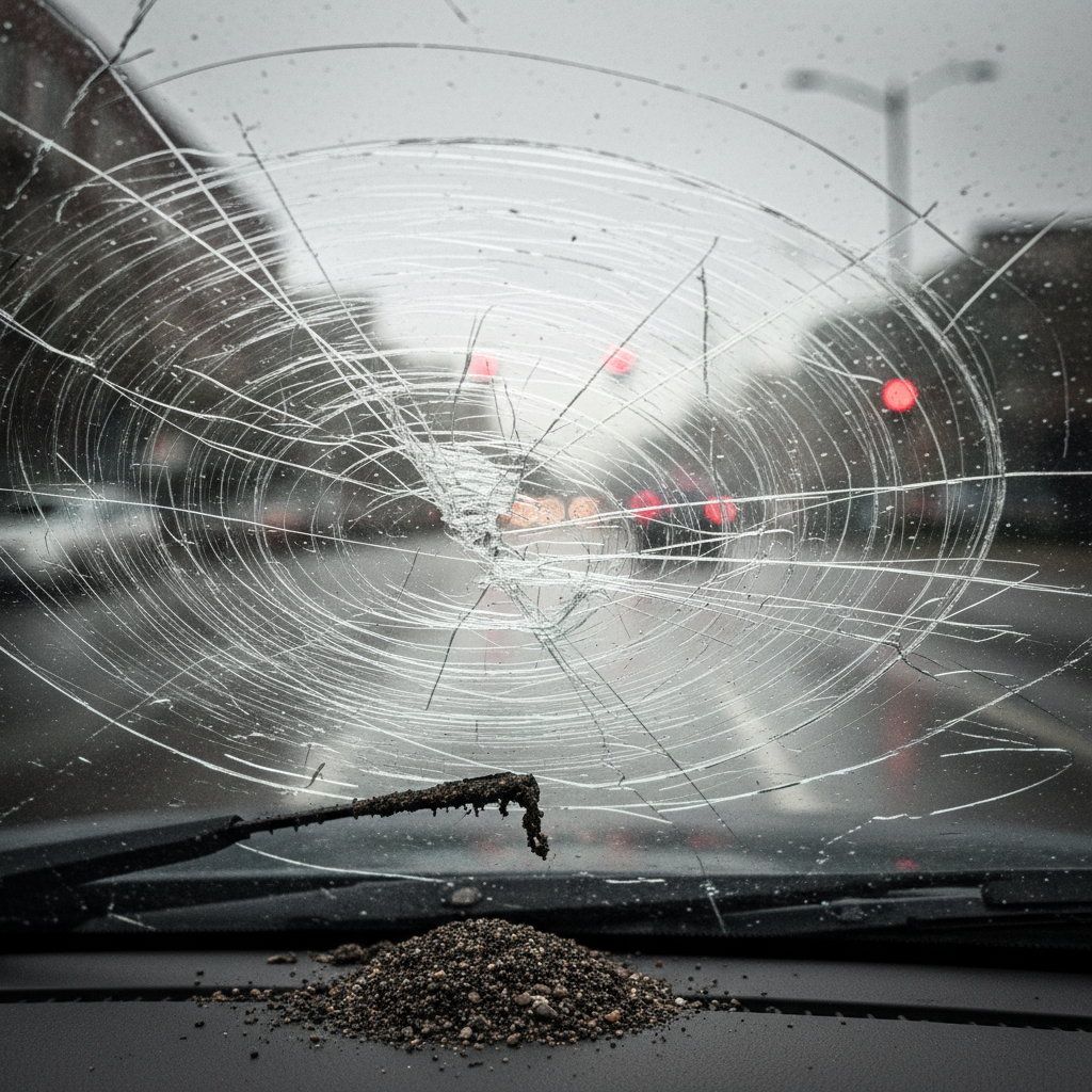 A high-detail, professional photo capturing the frustrating reality of scratched car windows. The perspective is from inside a car, looking out through the windshield. The window pane has prominent, visible scratches, especially exacerbated by simulated sunlight glare or light rain streaks, creating a hazy, obstructed view. In the foreground, slightly out of focus, are visual clues hinting at causes: a worn-out, slightly torn windshield wiper blade resting on the glass, and a small pile of abrasive dirt or sand particles. The scene conveys impaired visibility and the need for repair.