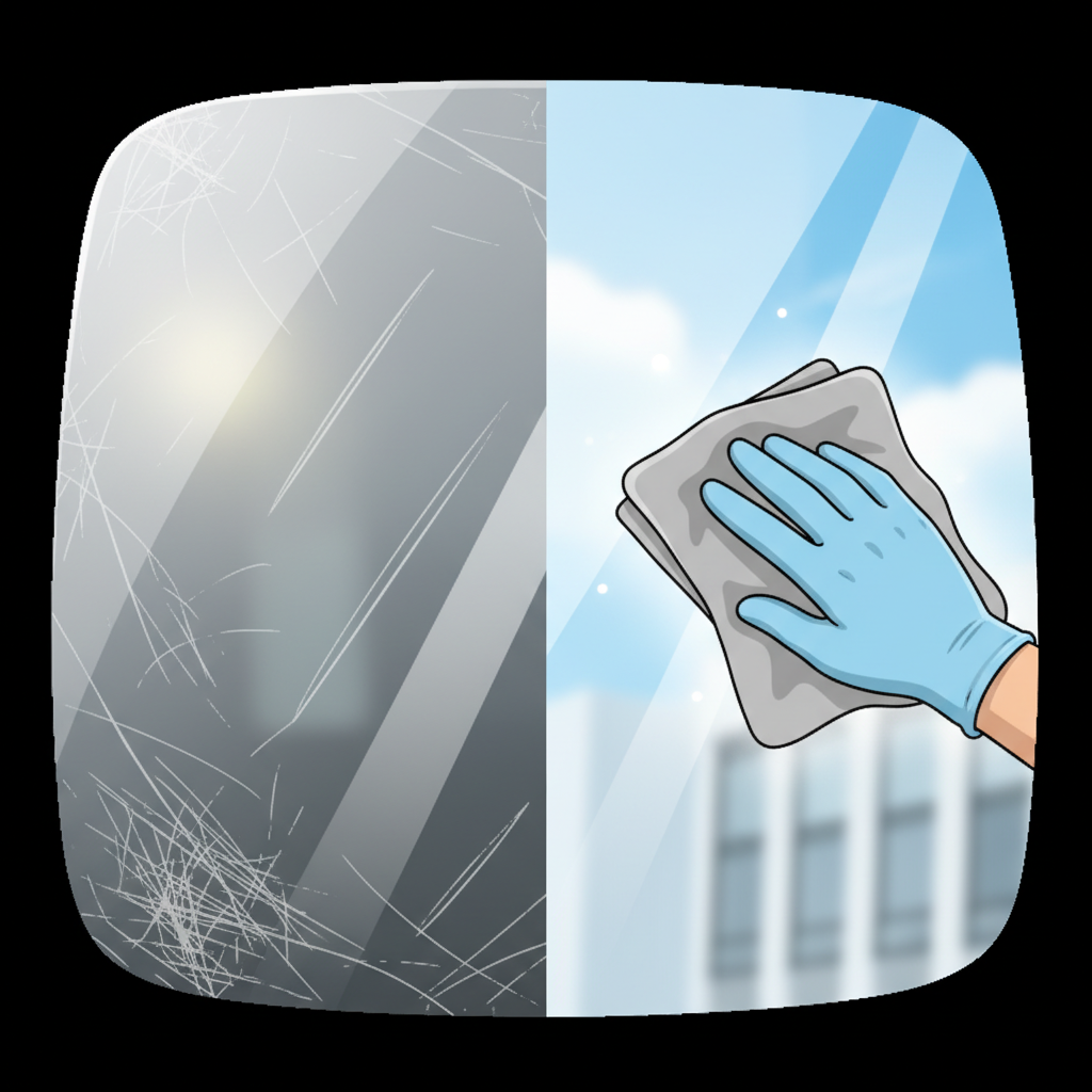 A crisp, clean infographic style illustration showcasing the transformation of a car window. The image is conceptually divided into two halves or a clear 'before and after' comparison on a single pane. The 'before' section displays various types of scratches: fine hairline, medium, and a slightly deeper groove. The 'after' section, seamlessly adjacent, shows the same window area perfectly clear, smooth, and highly reflective, with a bright, undistorted reflection of a sky or a clean environment. A gloved hand gently polishes the clear section with a soft, clean microfiber cloth, symbolizing successful restoration.