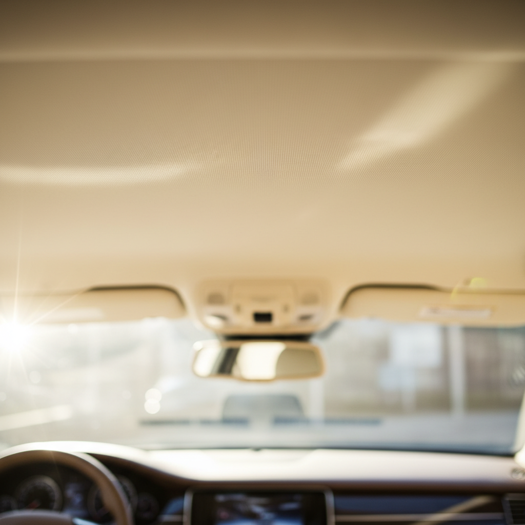 A professional photo of a car's interior, specifically focusing on a pristine, clean headliner, contrasting sharply with a subtle, blurred background of the car's dashboard. Sunlight streams in, illuminating the fresh, spotless fabric, evoking a sense of cleanliness and pleasantness. The image should convey a premium, well-maintained feel, reinforcing the idea of a 'fresh, clean smell' and 'pleasant driving experience.'