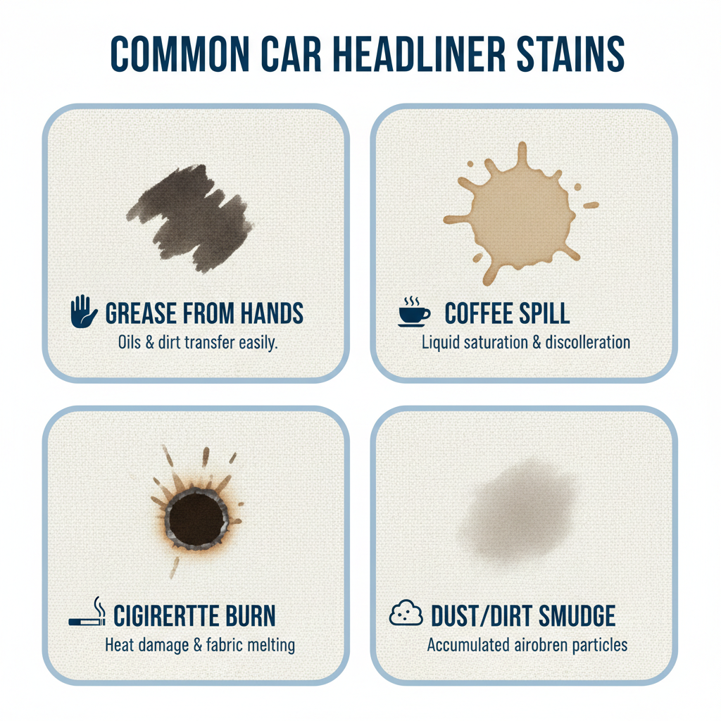 An infographic-style illustration depicting various common headliner stains (grease stain from hands, coffee spill, cigarette burn mark, dust/dirt smudge) on separate, labeled sections of a car headliner. Each type of stain should be clearly identifiable with a small, stylized icon next to its label. The overall aesthetic should be clean, informative, and easy to understand, using a light color palette for clarity.