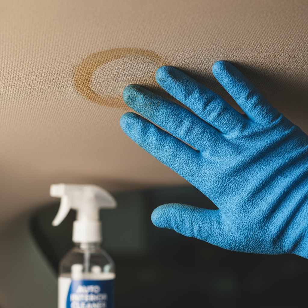 A close-up, semi-abstract professional photo showing a person's hand, wearing a microfiber glove, gently dabbing a small, easily identifiable stain (e.g., a light coffee spill or dirt mark) on a car's fabric headliner with a spray bottle of cleaning solution subtly visible in the background. The focus is on the cleaning action, with soft lighting highlighting the delicate process and the textured fabric of the headliner.