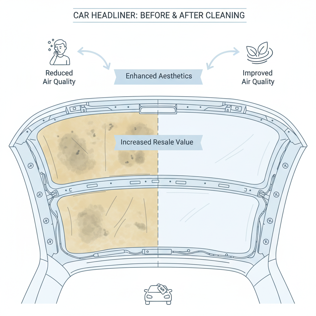 A detailed diagrammatic illustration of a car's cross-section, specifically highlighting the headliner area. On one side, the headliner is shown dirty and discolored (e.g., yellowed from nicotine, visible smudges). On the other side, it's pristine and bright. Arrows and small icons should emphasize the benefits of cleaning: 'Improved air quality,' 'Enhanced aesthetics,' and 'Increased resale value.' The style should be clean, technical, and informative, using a professional, illustrative aesthetic.