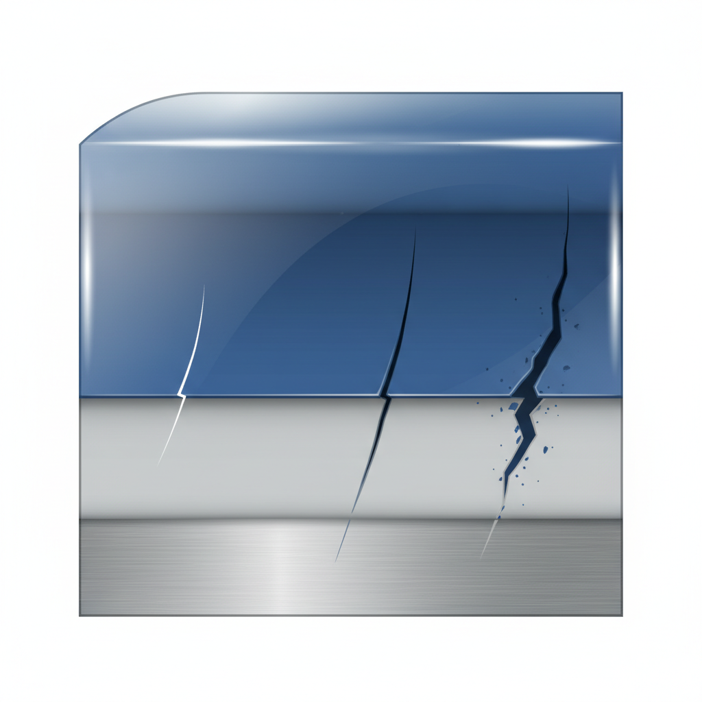 A detailed, clean infographic style illustration depicting a cross-section of a car's paint layers. From bottom to top, clearly show the metal body, the primer layer, the colored base coat, and the transparent clear coat. Three distinct scratches are visible: a very fine one only penetrating the clear coat, a deeper one extending into the base coat, and a third, deepest scratch reaching the primer or even the bare metal. Each layer should be visually distinct with subtle color variations or textures.