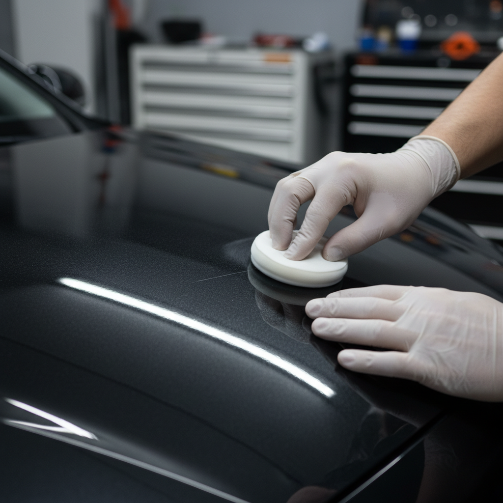 A high-quality, professional photo of a close-up on a car's sleek, dark metallic fender. A pair of clean hands, wearing light-colored protective gloves, are meticulously polishing a subtle but visible scratch with a soft, clean applicator pad. The car's paint around the work area should exhibit a pristine, high-gloss finish, reflecting ambient light beautifully and subtly suggesting the restoration process. The focus is on the careful application and the emerging shine.