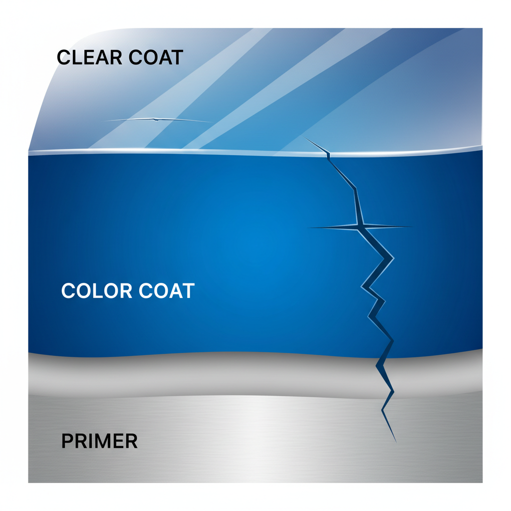 A detailed, cutaway diagram illustrating the different layers of car paint. Show four distinct horizontal layers: a bottom metallic layer (representing the car body), followed by a light grey primer, then a vibrant blue color coat, and finally a clear, glossy top coat. Superimpose two types of scratches: one shallow hairline scratch affecting only the clear coat, and another deeper, more pronounced scratch that penetrates through the clear coat and color coat, reaching the primer layer. The style should be a clear, modern infographic illustration with smooth gradients and precise lines, emphasizing the depth and different components of the car's finish.
