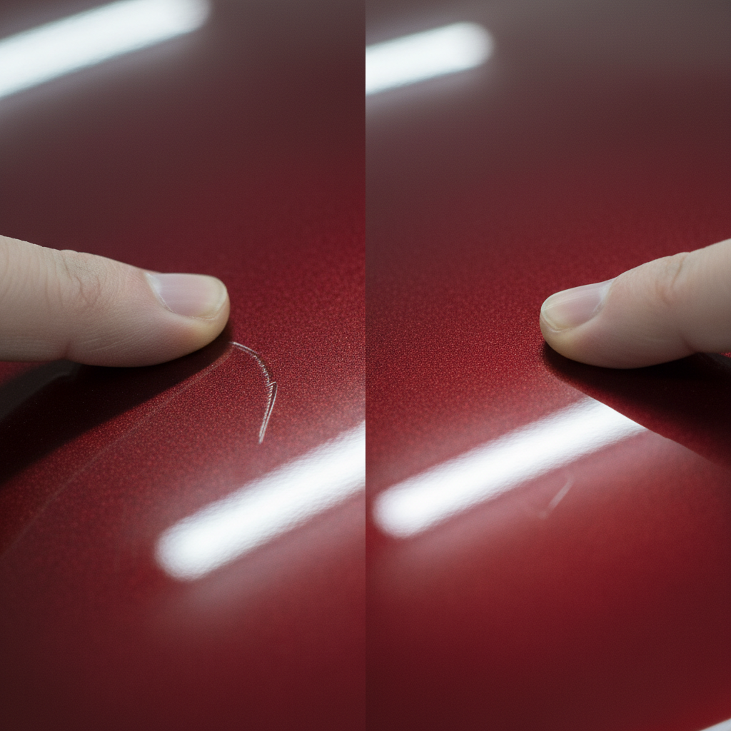A high-resolution, professional macro photograph showcasing a car's metallic paint surface. The image is split to imply a 'before and after' scenario. On one side, a noticeable but not severe scratch is visible on the glossy surface, subtly reflecting ambient light. A human finger with a neatly trimmed nail is gently touching the scratch, demonstrating the 'fingernail test' without dominating the frame. The other side of the image depicts the same area completely smooth and highly reflective, free of any imperfections, highlighting a perfect repair. The overall aesthetic should be clean, crisp, and realistic with excellent depth of field.