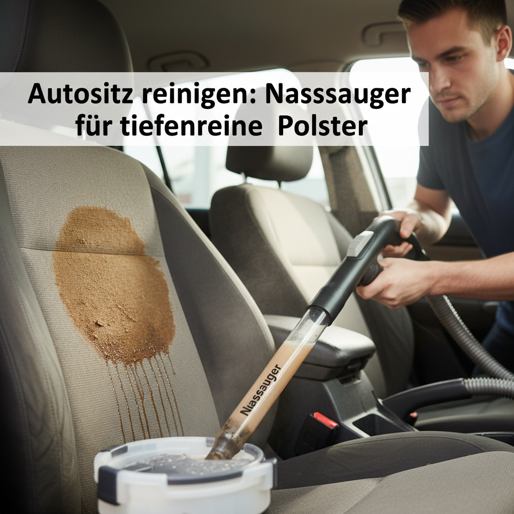 A dynamic, eye-level professional photo capturing a person actively using a wet vacuum cleaner (Nasssauger) on a car seat. One section of the seat should clearly show a persistent, noticeable stain (e.g., coffee or mud) that is in the process of being lifted and removed, with the immediate surrounding area already visibly cleaner and slightly damp. The wet vacuum's nozzle should be prominent, demonstrating the cleaning action, possibly with a subtle mist effect or a clear view of dirty water being extracted. The lighting should be bright and focused, emphasizing the effectiveness of the device.