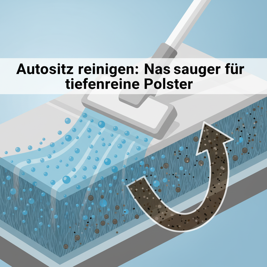 A modern, clean flat illustration or infographic-style diagram showing a cross-section of a car seat's upholstery being deep-cleaned by a wet vacuum. The illustration should depict the wet vacuum's nozzle spraying a blue cleaning solution deep into the fabric fibers, with small bubbles representing loosened dirt particles. Simultaneously, an arrow indicates the suction pulling the dirty, brown-tinted water and grime back into the vacuum's nozzle. This visual clearly explains the 'spray extraction' principle, highlighting the depth of cleaning.