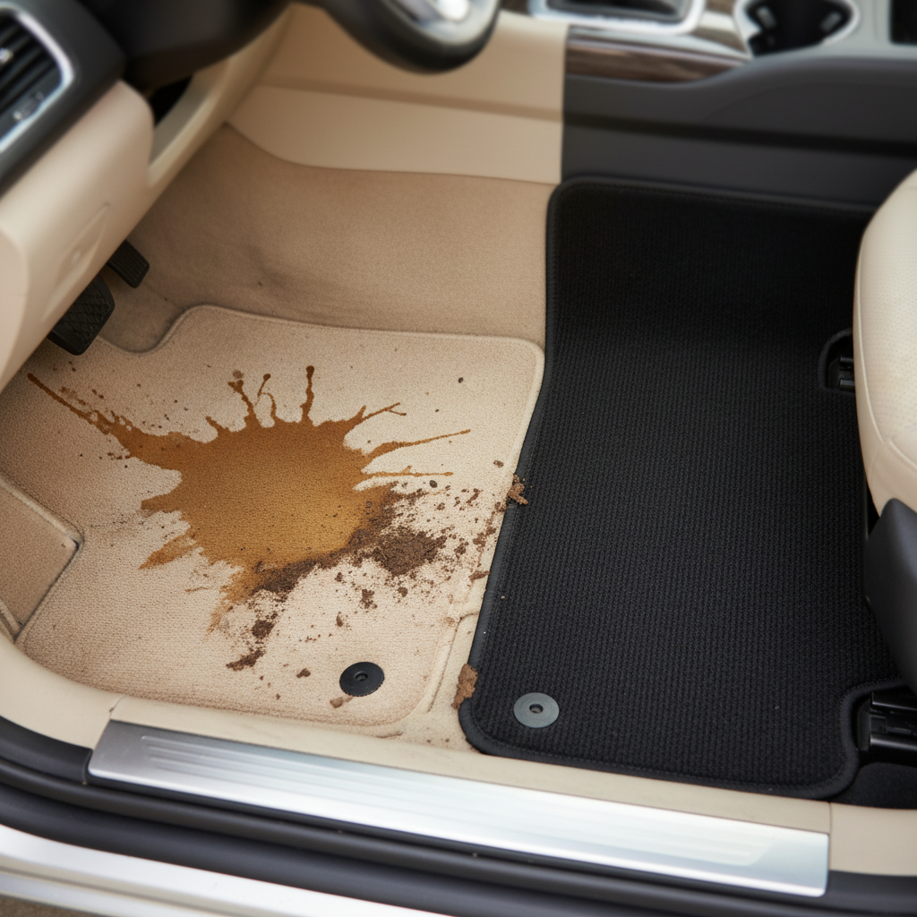 A professional photo of a car interior with a stark contrast: one side of the floor mat is stained with a prominent coffee spill and mud tracks, while the other side is impeccably clean and vibrant. The image should convey the satisfaction of a clean car, with soft, inviting lighting. Focus on the texture of the carpet and the clear distinction between clean and dirty.