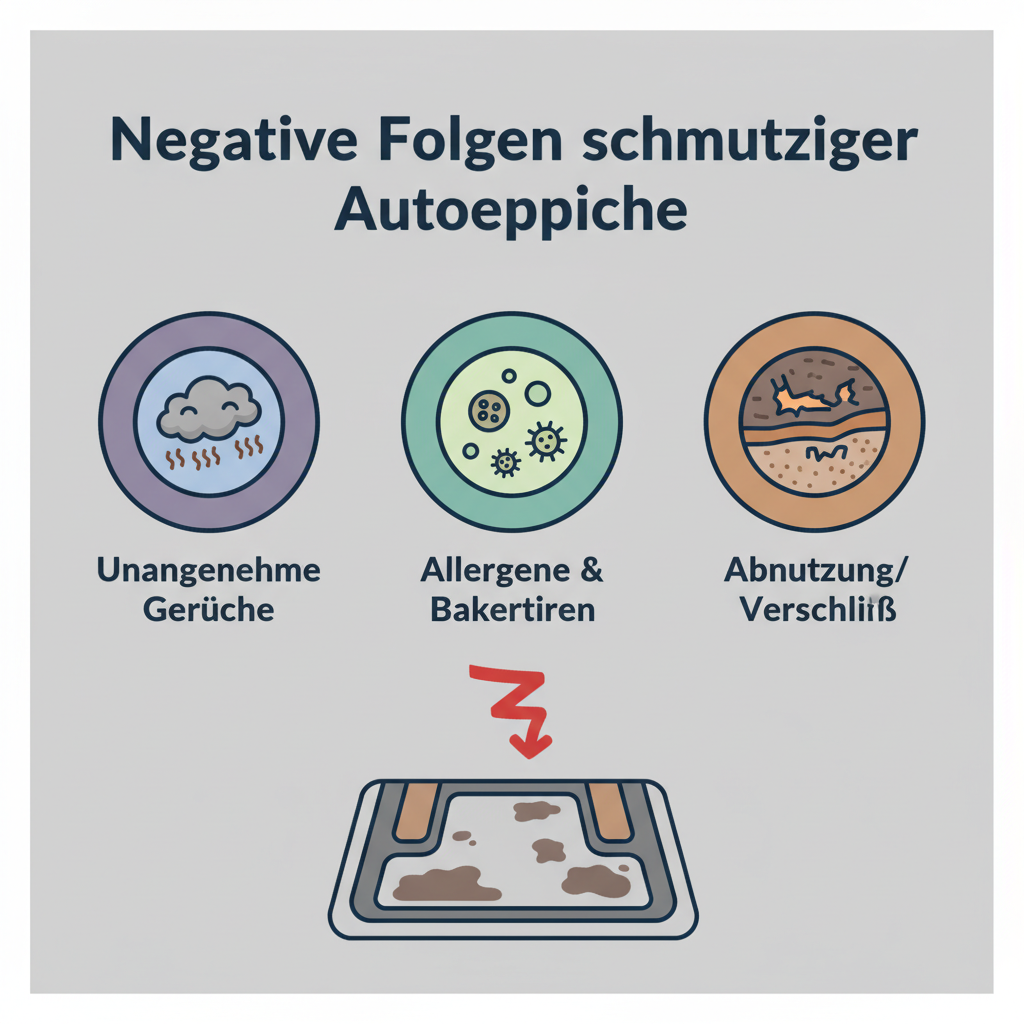 An infographic-style illustration depicting the negative impacts of dirty car carpets. Show stylized icons representing 'Unangenehme Gerüche' (a cloudy, smelly icon), 'Allergene & Bakterien' (microscope view of particles), and 'Abnutzung/Verschleiß' (frayed carpet fibers). The overall aesthetic should be clean and informative, using clear lines and relevant colors against a neutral background.