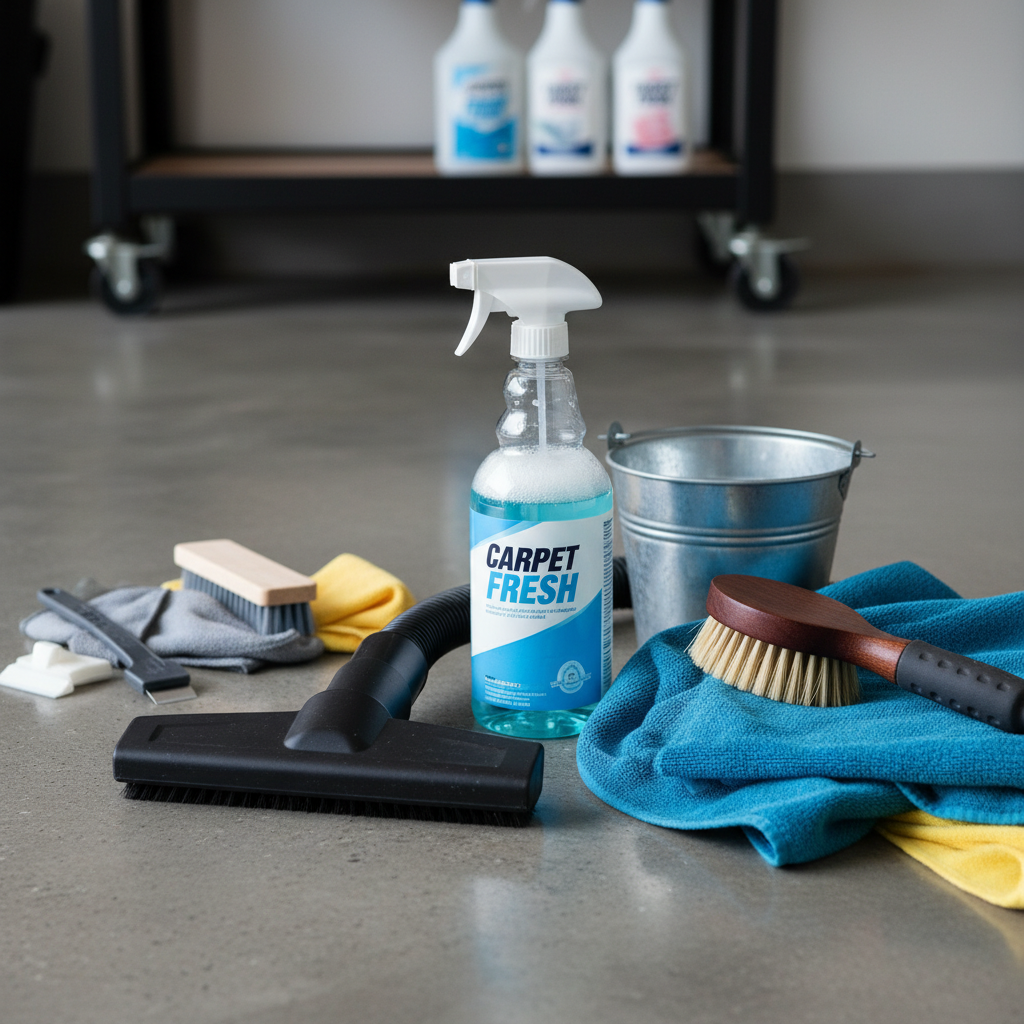 A close-up, high-detail professional photo of various items used for car carpet cleaning, neatly arranged on a clean garage floor or workbench. Include a vacuum cleaner nozzle, a spray bottle of carpet cleaner, a detailing brush, a microfiber towel, and perhaps a small bucket with water. The lighting should be bright and even, highlighting the tools and materials.