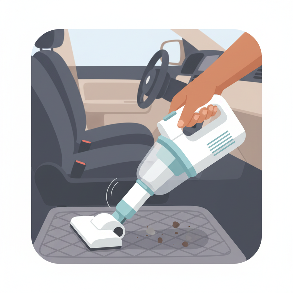 A flat illustration showing a person's hand using a handheld vacuum cleaner to clean a car floor mat. The mat itself is stylized, with a few small, generic dirt particles being sucked into the vacuum. The background should be a subtle, blurred depiction of a car interior, keeping the focus on the cleaning action. The style should be friendly and easy to understand, suitable for a blog post.