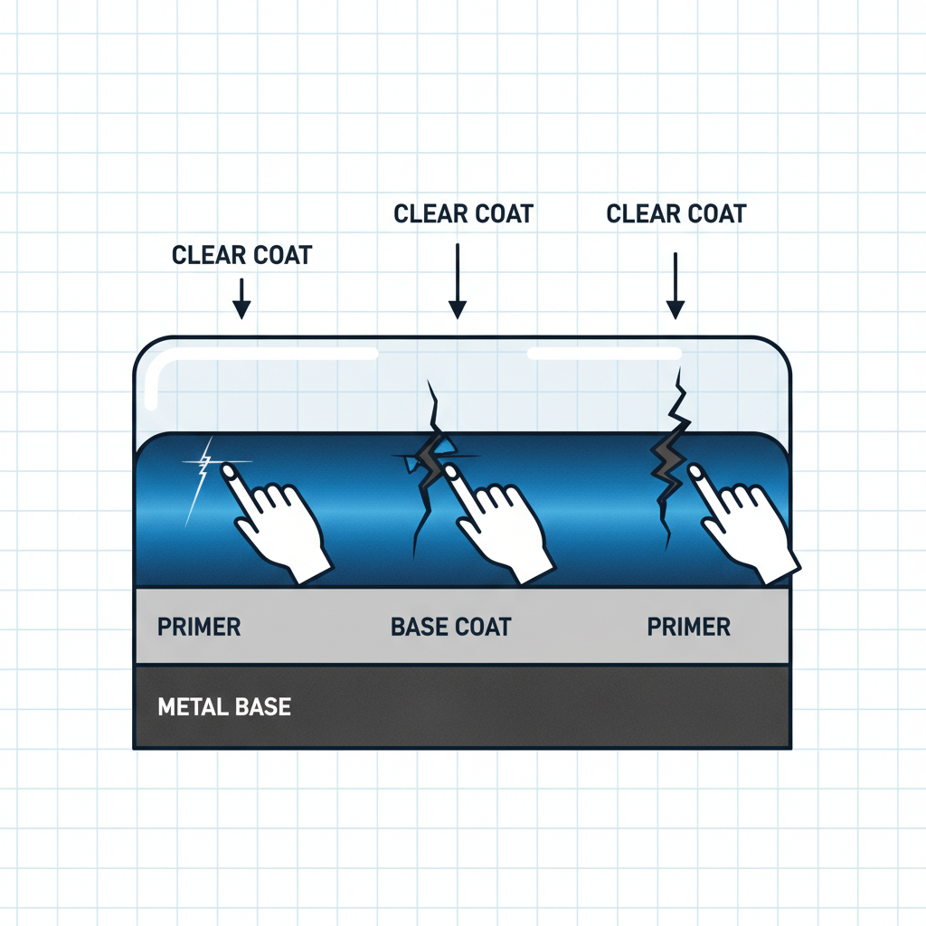 A detailed, infographic-style illustration showing a cross-section of car paint layers. The layers are clearly visible: a thick metal base, followed by a primer layer, then a vibrant base color coat (e.g., red or blue), and finally a transparent clear coat on top. Three distinct types of scratches are depicted, demonstrating different depths: one shallow scratch only affecting the clear coat, a medium scratch penetrating the clear coat and slightly into the base coat, and a deep scratch reaching the primer layer. A stylized hand with a fingernail is shown near each scratch, visually indicating how the fingernail interacts with the different depths.