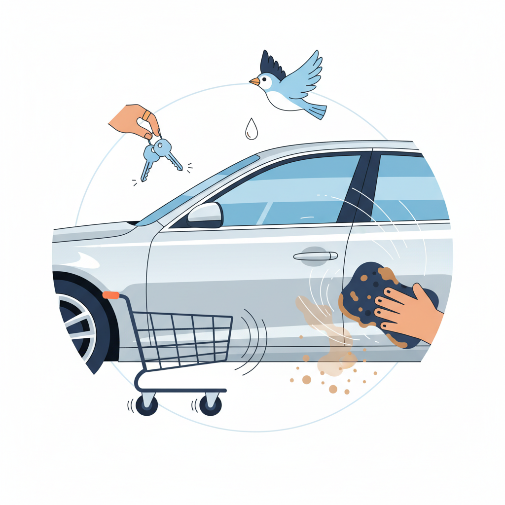 A vibrant, slightly stylized flat illustration depicting common scenarios that cause car door scratches. The central element is a side view of a modern car door. Surrounding the door, various elements illustrate different causes: a shopping cart's wheel gently scraping the lower part of the door, a hand dropping car keys near the handle, a bird flying overhead leaving a stylized 'droplet' mark, wind-blown sand particles swirling around the surface, and a stylized, somewhat dirty sponge or mitt during a car wash. The overall scene should be dynamic and visually connect the everyday actions to potential paint damage.