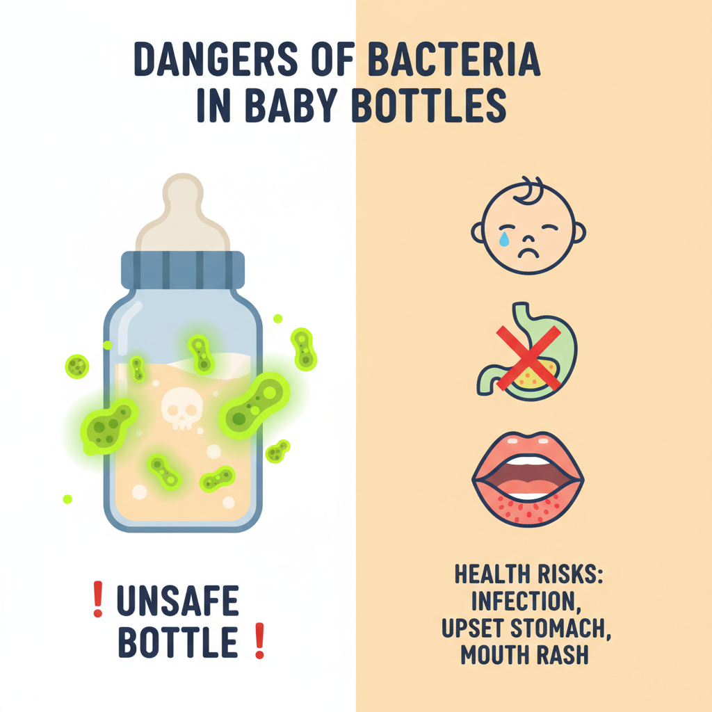 An infographic-style illustration depicting the dangers of bacteria in baby bottles. On one side, a dirty baby bottle with stylized, glowing green bacteria swirling inside. On the other side, simple, clear icons representing potential health issues: a crying baby, a stomach icon with an 'X', and a mouth icon with a red rash. Use soft, friendly colors contrasting with the 'danger' elements. Style: flat illustration, clean lines, infographic.