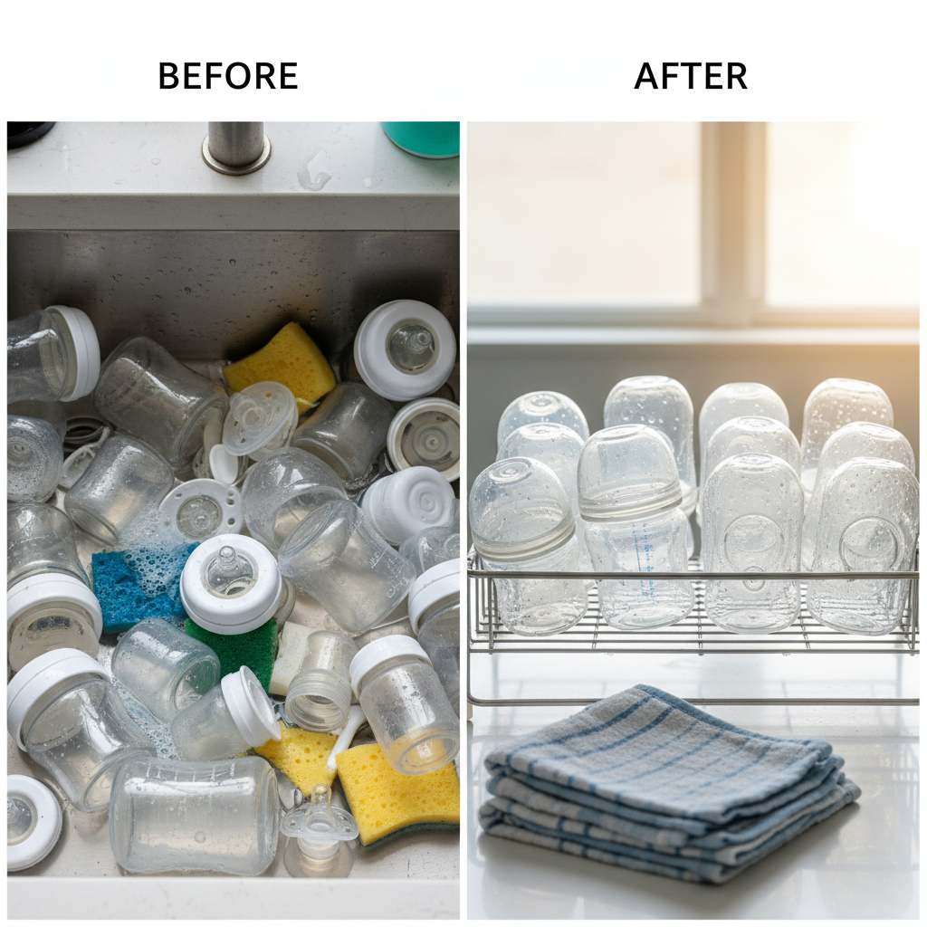 A split-screen or 'before and after' comparison showing a cluttered sink with unwashed baby bottles, teats, and accessories (left side) and a sparkling, neatly organized set of clean and sterilized baby feeding items drying on a rack (right side). The 'after' side conveys a sense of accomplishment and hygiene. Style: realistic photo, bright and clean lighting, clear visual contrast.