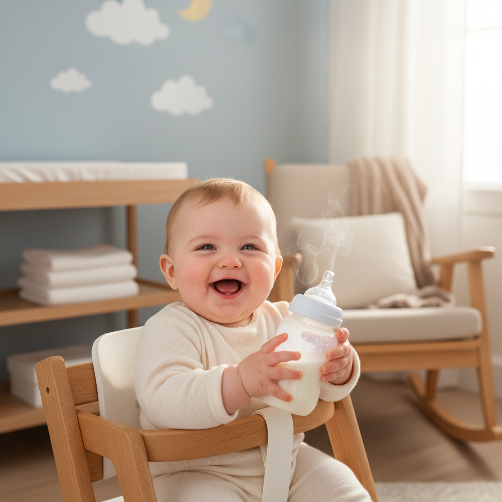 A warm, comforting scene of a happy, healthy baby giggling while holding a clean, sanitized baby bottle. The baby is in a high chair or playing on a clean mat. In the background, out of focus, are subtle hints of a clean nursery or home, reinforcing the theme of a safe and healthy environment created by good hygiene. Style: professional lifestyle photography, warm tones, joyful atmosphere.