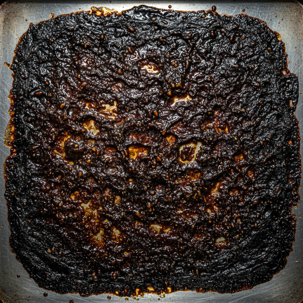 A close-up, high-definition professional photo of a heavily stained baking sheet. The surface is covered in thick, dark, glossy, burnt-in oil residue, showing uneven patches and sticky textures. A small, cleaner metallic edge of the sheet is visible for contrast, highlighting the severity of the burnt-on grime. The lighting is strong, emphasizing the difficult challenge of cleaning. The overall mood conveys frustration and the need for a solution.