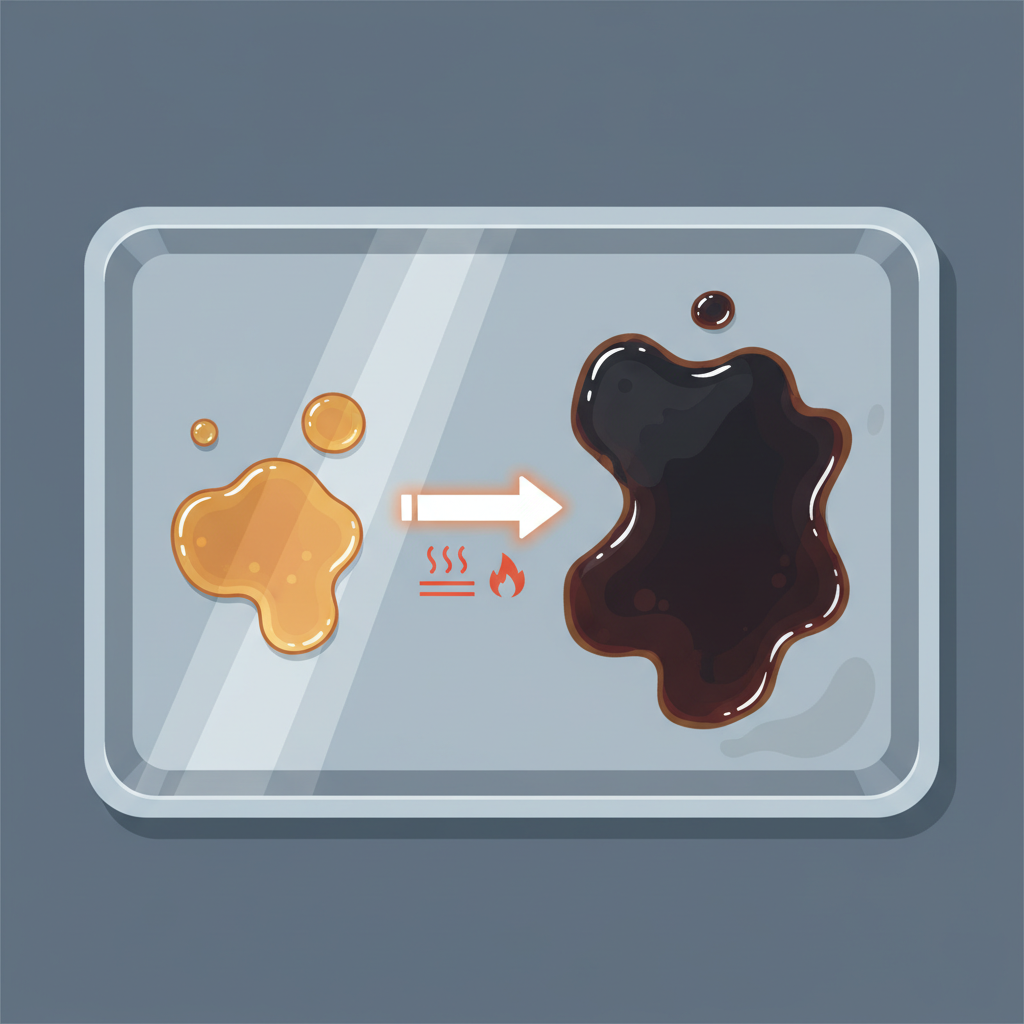A clean and modern flat illustration depicting the process of oil burning onto a baking sheet. On the left, stylized liquid oil droplets are shown on a metal surface. An arrow points to the right, indicating increasing heat (represented by subtle red heat waves or a flame icon). On the right, the oil has transformed into a dark, polymerized, sticky layer firmly bonded to the baking sheet, illustrating the chemical change. The color palette is muted but clear, focusing on the transformation.