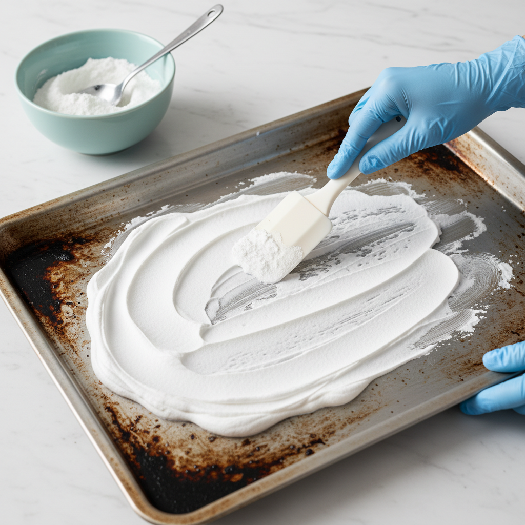 A bright and clear illustration in a step-by-step style showing the application of a baking soda paste. A pair of hands, wearing light gloves, are meticulously spreading a thick, white, creamy paste onto a visibly dirty, burnt section of a metal baking sheet. A small ceramic bowl containing the baking soda and water mixture, along with a mixing spoon, is subtly placed nearby on a clean kitchen counter. The focus is on the action of spreading the paste evenly.