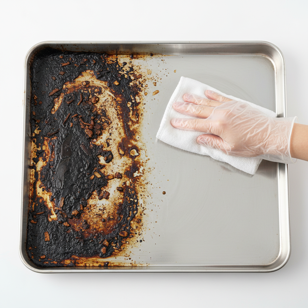 A professional product photograph capturing a baking sheet perfectly split into two halves. The left half shows a severely stained, greasy baking sheet with dark, burnt-on food residues and baked-on grime. The right half is pristine, sparkling clean, reflecting light beautifully, appearing completely new. A human hand, wearing a subtle glove or bare, is gently wiping the clean half with a soft, clean cloth, highlighting the effortless result. Bright, clean studio lighting emphasizes the contrast and the shine.