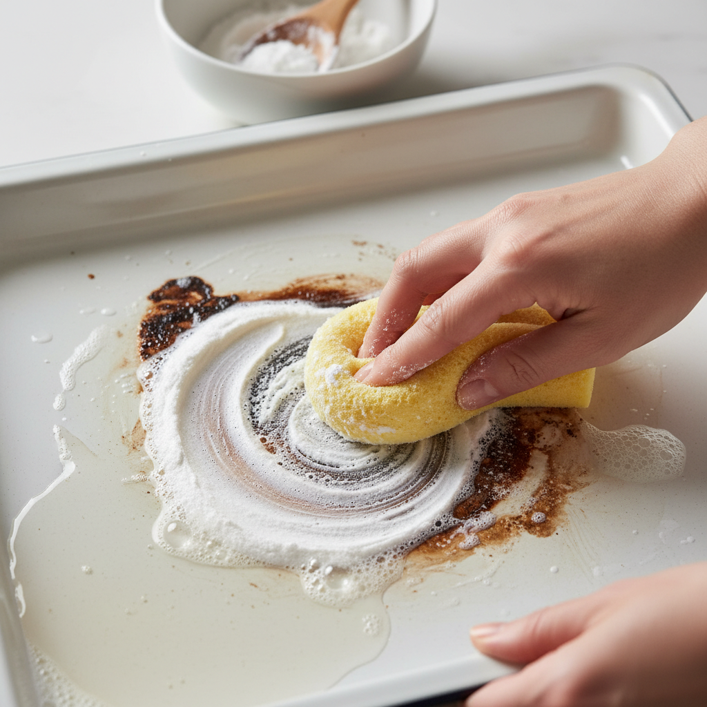 A high-angle, close-up professional photo of hands actively cleaning a baking sheet. The focus is on the action: one hand holds a soft, non-abrasive sponge applying a visible paste of baking soda and water onto a stubborn, burnt spot on an enamel baking sheet. A small bowl with the baking soda mixture is in the background, slightly out of focus. Warm, sudsy water can be seen around the area being cleaned. The overall scene should convey effective yet gentle cleaning.