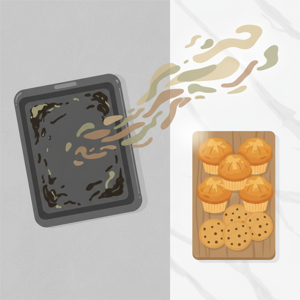 A modern, clean flat illustration with a slightly abstract style. On the left, a visibly dirty baking sheet with stylized, dark burnt residues is shown. Subtle, wavy lines or a muted 'flavor cloud' emanate from the dirty sheet, drifting towards a beautifully rendered, fresh batch of golden-brown cookies or muffins on a separate clean surface on the right. The contrast highlights how old grime can negatively impact new food, emphasizing purity and freshness on the clean side versus potential contamination from the dirty side.