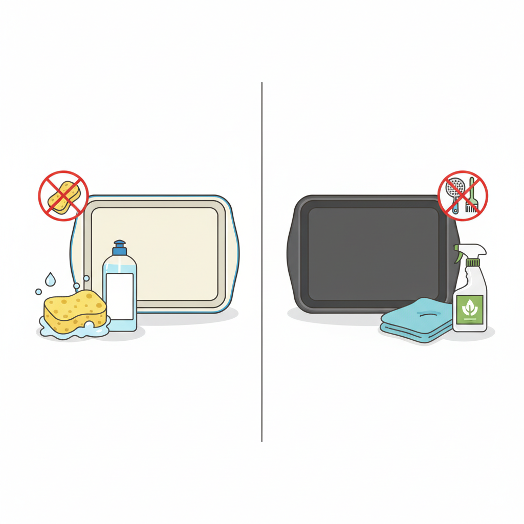 A clear, illustrative infographic-style image comparing two different types of baking sheets and their care. The image is divided into two vertical sections. On the left, an enamel baking sheet is depicted alongside a soft, yellow sponge and a bottle of mild dish soap, suggesting gentle cleaning. On the right, an antihaftbeschichtetes (non-stick) baking sheet is shown next to an even softer microfibre cloth and perhaps a generic 'gentle cleaner' bottle (no brand). Both sections clearly omit abrasive tools, visually instructing on appropriate care for each material.