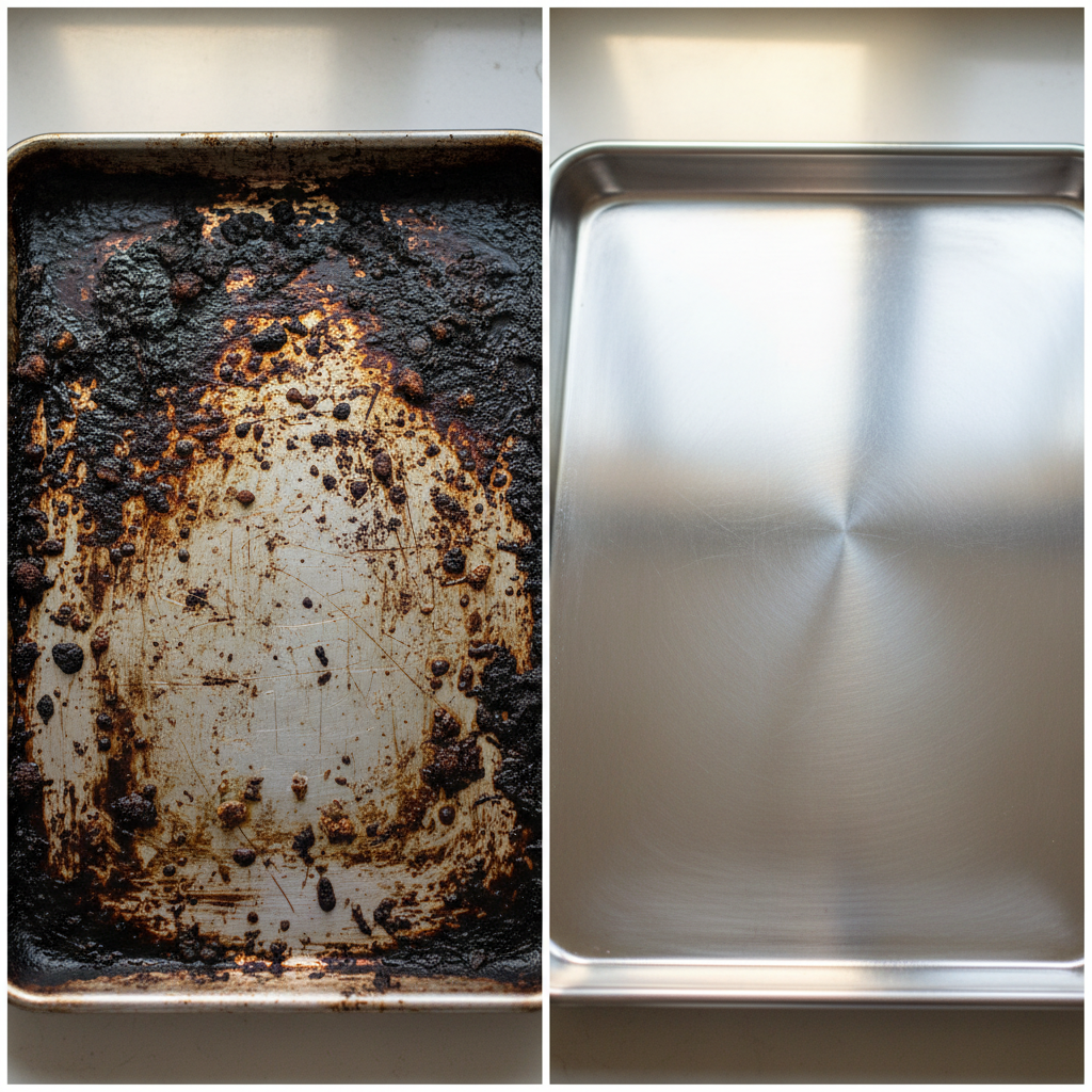 A compelling split-screen image or a clear visual transition showing two states of a baking sheet. On the left/top, a heavily soiled baking sheet, caked with dark, burnt-on food residues and grease, looking dull and unhygienic. On the right/bottom, the exact same type of baking sheet, gleaming spotlessly, reflecting light like new, pristine and ready for use. The contrast should be stark, highlighting the transformation from dirty to clean with a bright, inviting aura for the clean version. Professional photo or realistic digital illustration.
