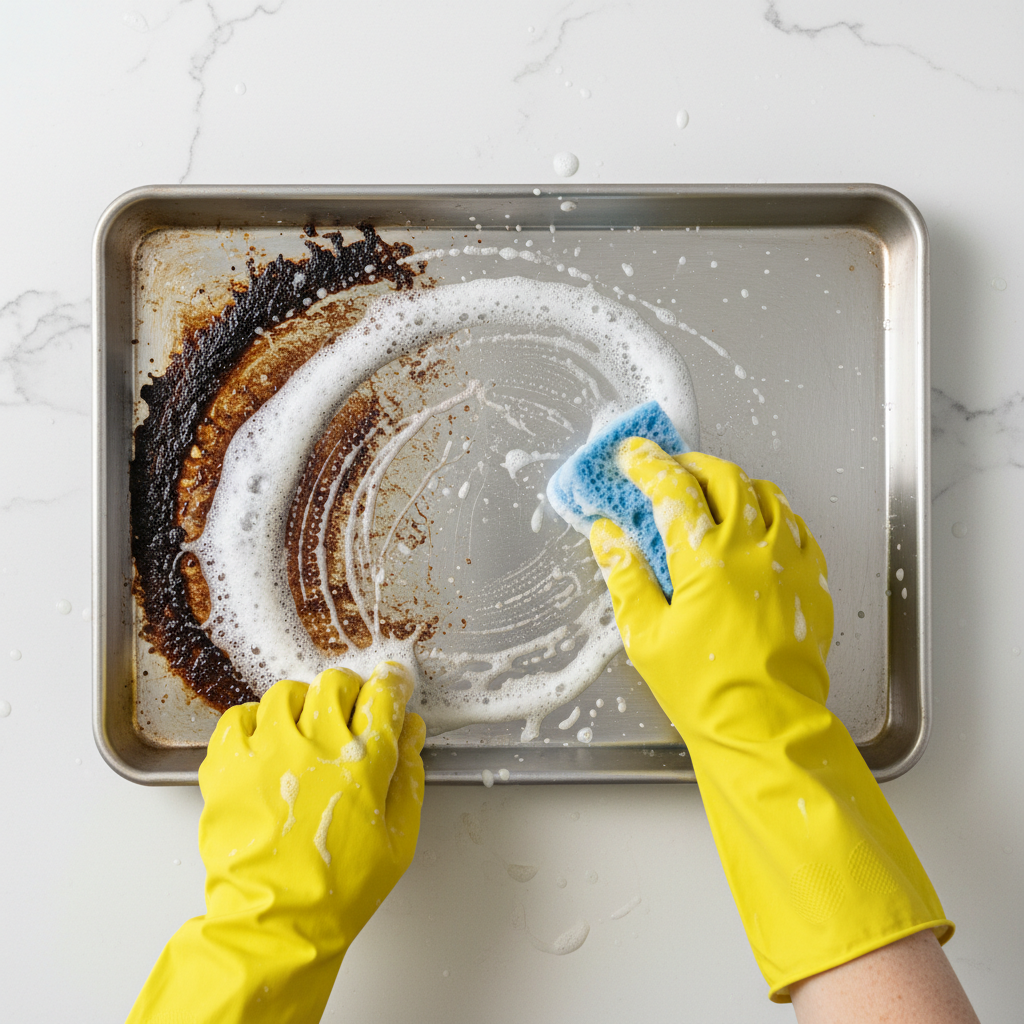 A vibrant, top-down view of a pair of hands, possibly wearing cleaning gloves, actively scrubbing a baking sheet. The baking sheet is partially cleaned, showing a clear division between a grimy, greasy section and a sparkling clean one. A soft sponge or a brush is in motion, surrounded by a gentle foam of cleaning solution. The scene should convey effort and effectiveness, with a focus on the action of cleaning and the visible results. Clean, bright lifestyle photography or a detailed flat illustration.