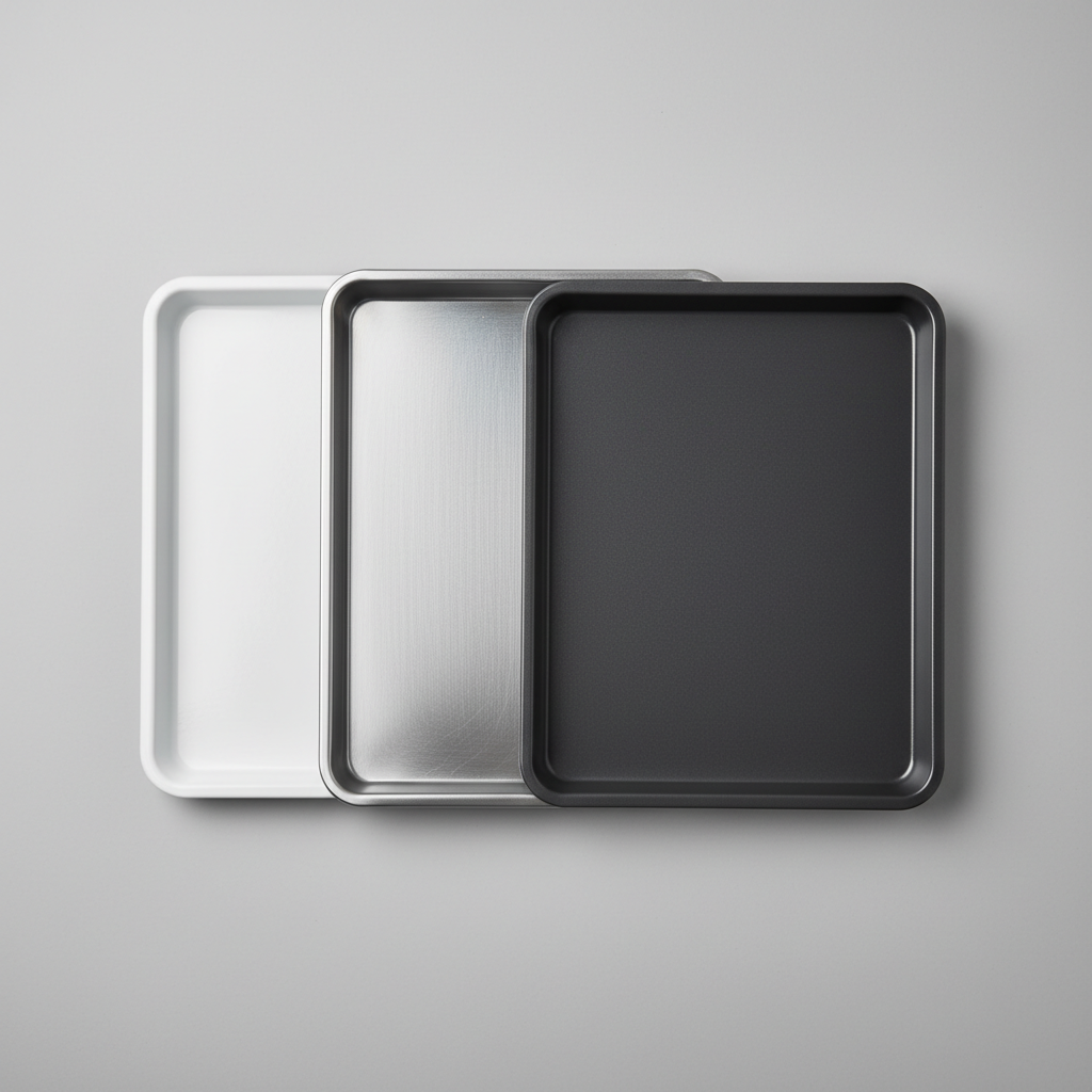 An organized arrangement of three distinct types of clean, new baking sheets. One is a glossy, white or light-colored enameled sheet, showing its smooth, reflective surface. Another is a brushed stainless steel sheet, displaying its metallic sheen and subtle grain. The third is a dark, matte non-stick coated sheet, highlighting its smooth, non-reflective finish. The sheets are subtly overlapped or positioned side-by-side, allowing easy comparison of their material characteristics. Minimalist product photography or a clean 3D render illustration.
